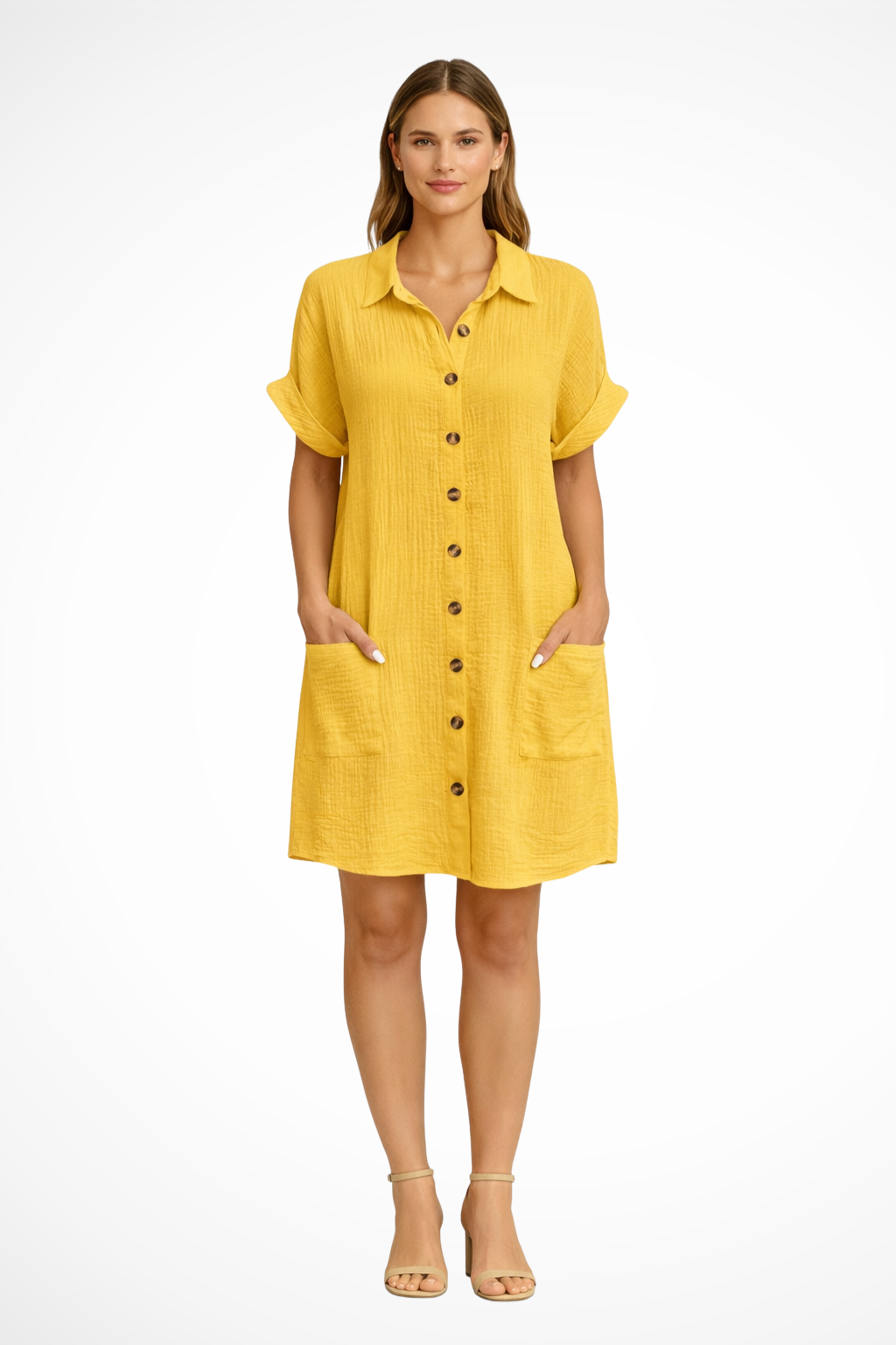 Women's Casual Button Front Cotton Mini Dress - Summer Beach