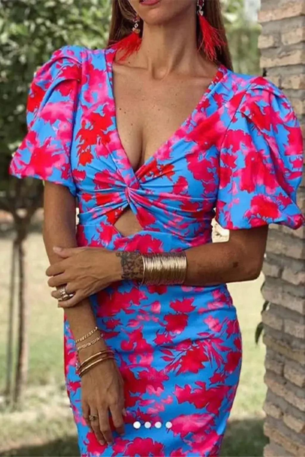 Women's Floral Printed Puff Sleeve Midi Dress - Summer Occasion