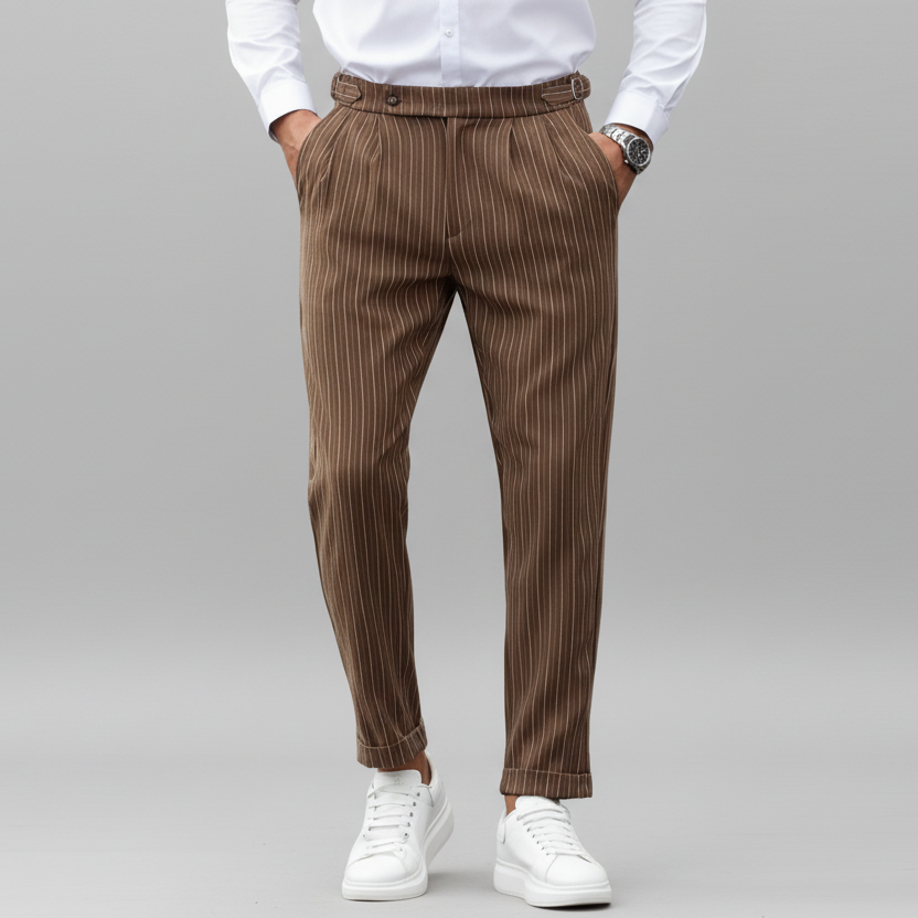 Men's Brown Pinstripe Straight Leg Dress Trousers