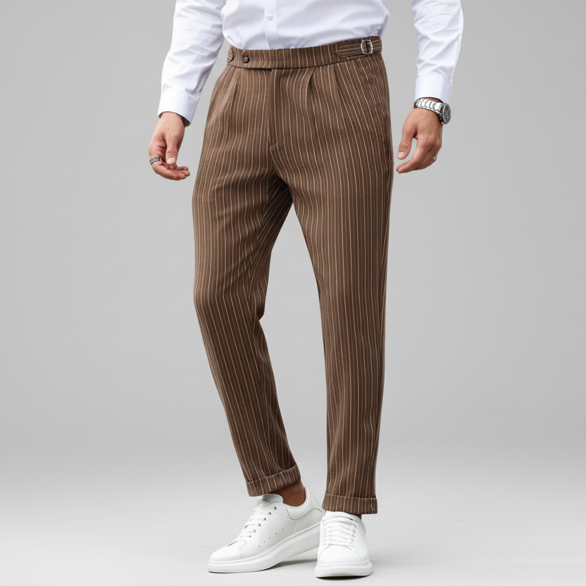 Men's Brown Pinstripe Straight Leg Dress Trousers