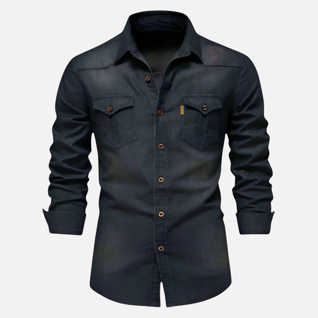 Men's Button-Up Denim Long Sleeve Shirt with Chest Pockets