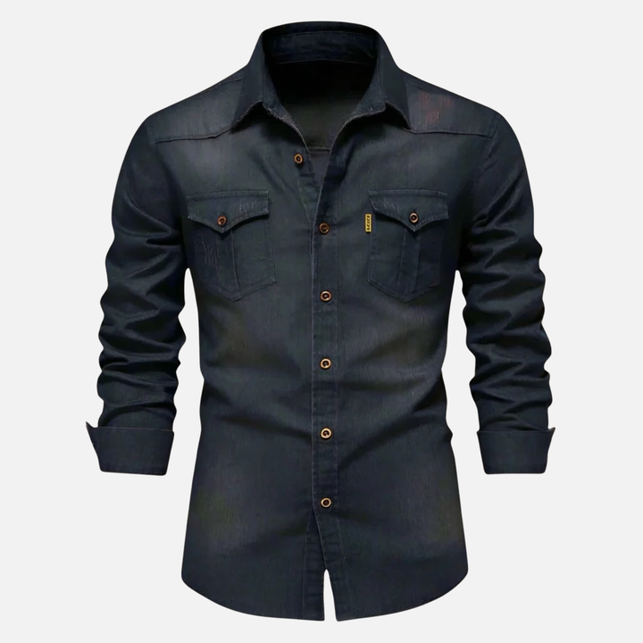 Men's Button-Up Denim Long Sleeve Shirt with Chest Pockets