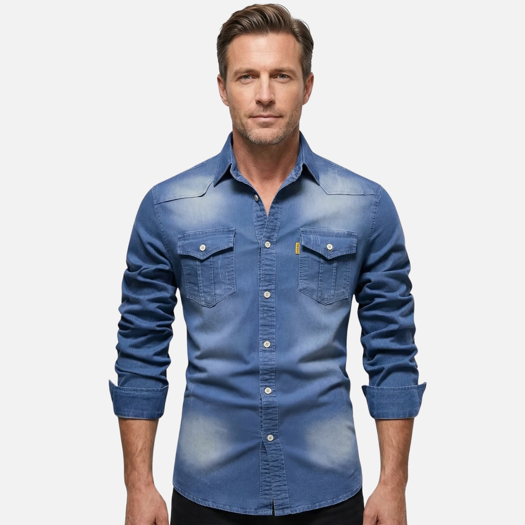 Men's Button-Up Denim Long Sleeve Shirt with Chest Pockets