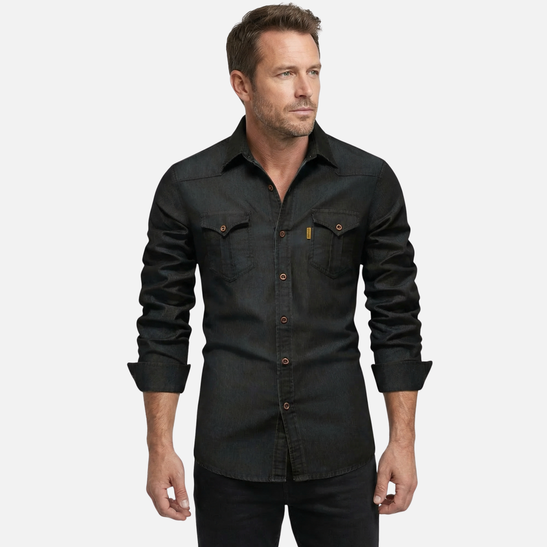 Men's Button-Up Denim Long Sleeve Shirt with Chest Pockets