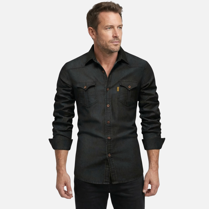 Men's Button-Up Denim Long Sleeve Shirt with Chest Pockets