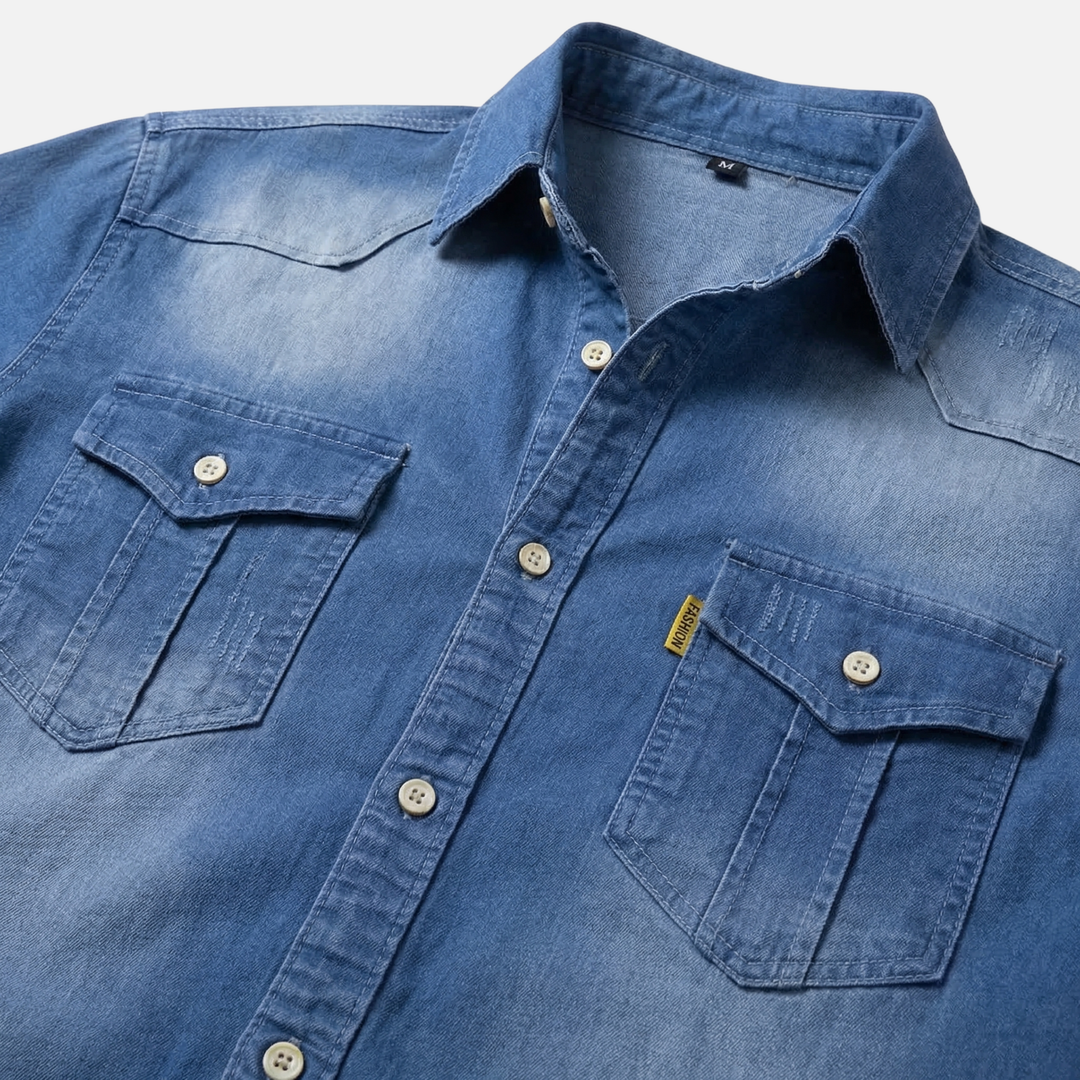 Men's Button-Up Denim Long Sleeve Shirt with Chest Pockets