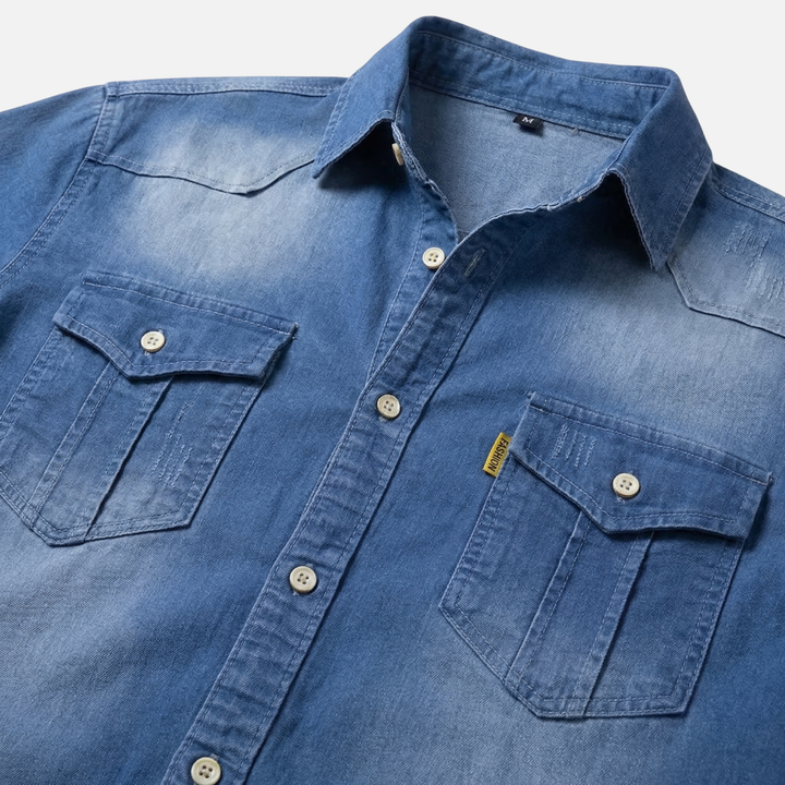 Men's Button-Up Denim Long Sleeve Shirt with Chest Pockets