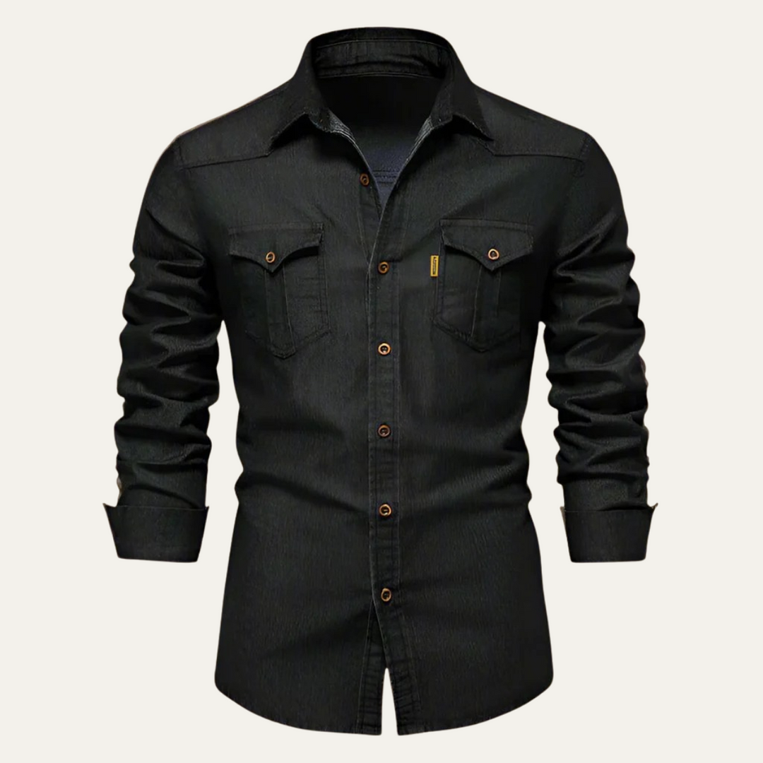 Men's Button-Up Denim Long Sleeve Shirt with Chest Pockets