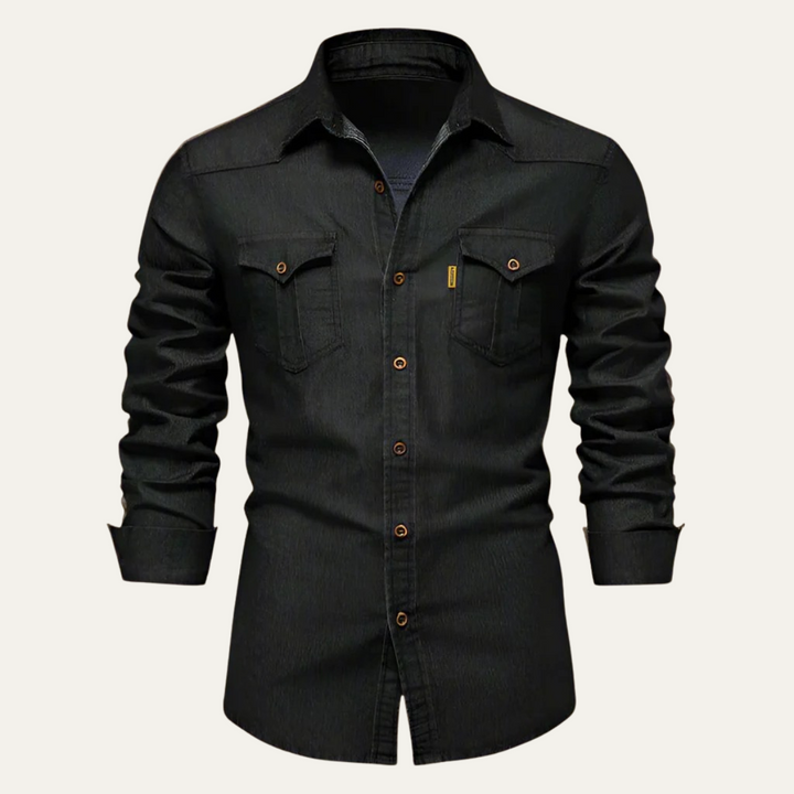 Men's Button-Up Denim Long Sleeve Shirt with Chest Pockets