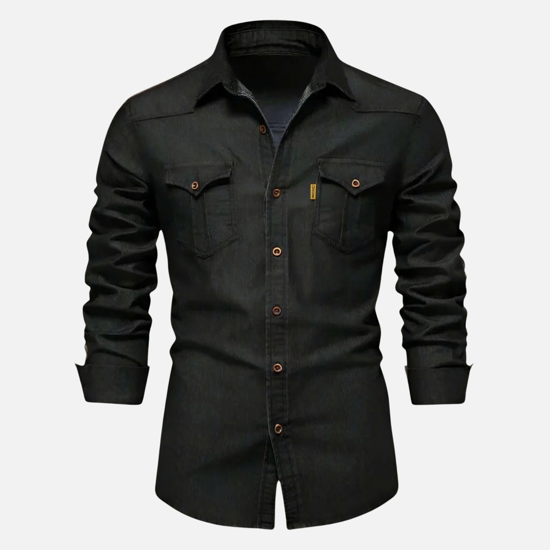 Men's Button-Up Denim Long Sleeve Shirt with Chest Pockets