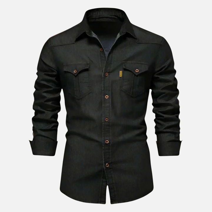 Men's Button-Up Denim Long Sleeve Shirt with Chest Pockets