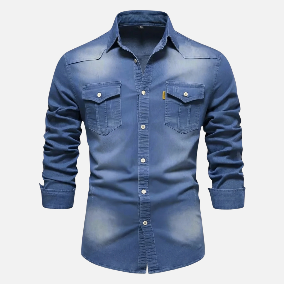 Men's Button-Up Denim Long Sleeve Shirt with Chest Pockets