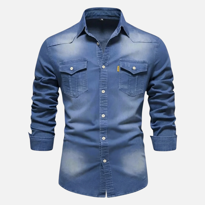 Men's Button-Up Denim Long Sleeve Shirt with Chest Pockets