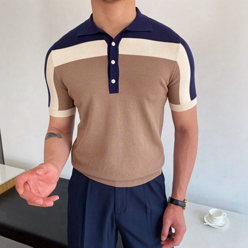 Men's Casual Color Block Cotton Polo Top - Summer Style