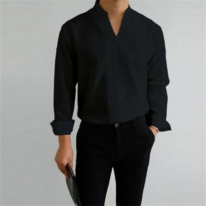 Men's Casual Long Sleeve Mandarin Collar Shirt