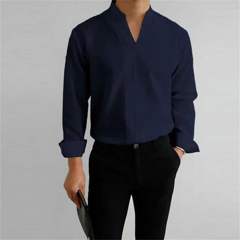 Men's Casual Long Sleeve Mandarin Collar Shirt