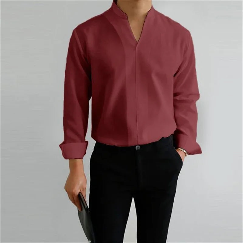 Men's Casual Long Sleeve Mandarin Collar Shirt