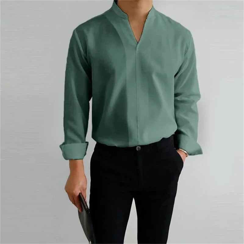 Men's Casual Long Sleeve Mandarin Collar Shirt