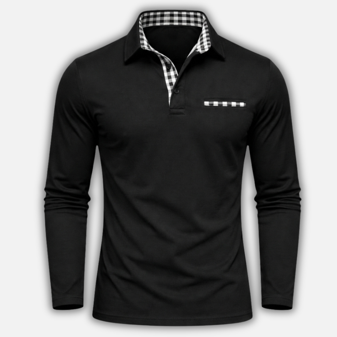 Men's Checkered Collar Long Sleeve Polo Shirt