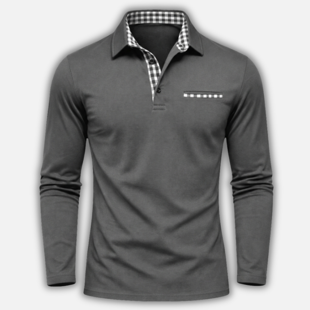 Men's Checkered Collar Long Sleeve Polo Shirt