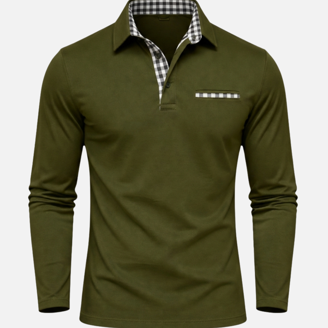 Men's Checkered Collar Long Sleeve Polo Shirt