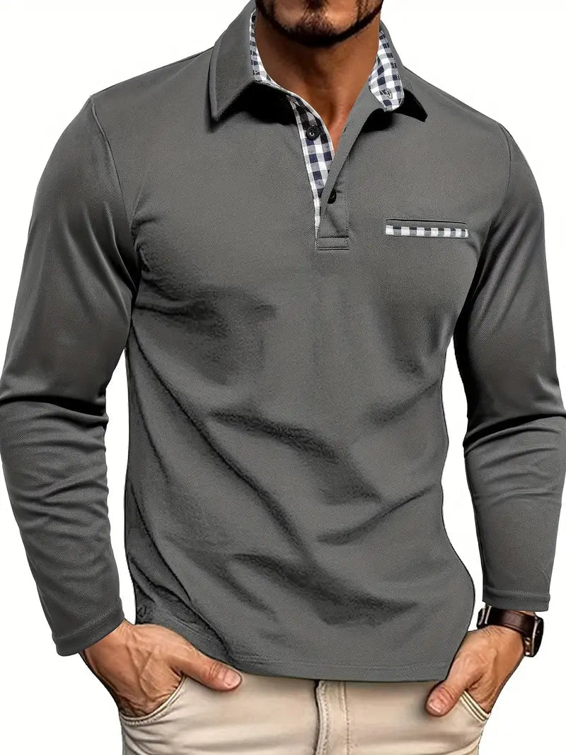 Men's Checkered Collar Long Sleeve Polo Shirt