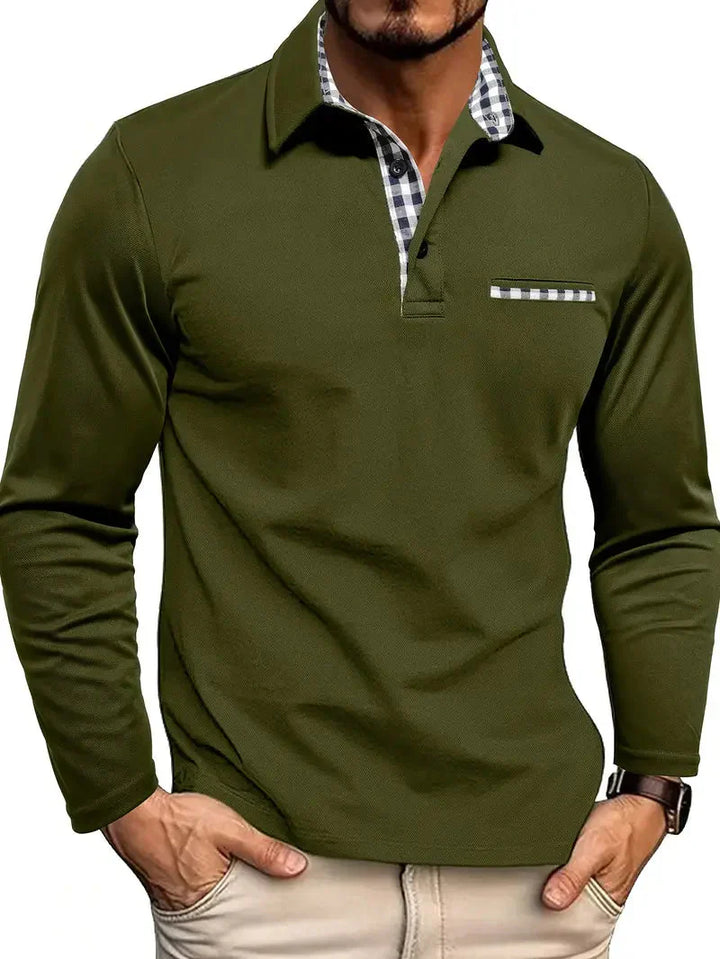 Men's Checkered Collar Long Sleeve Polo Shirt