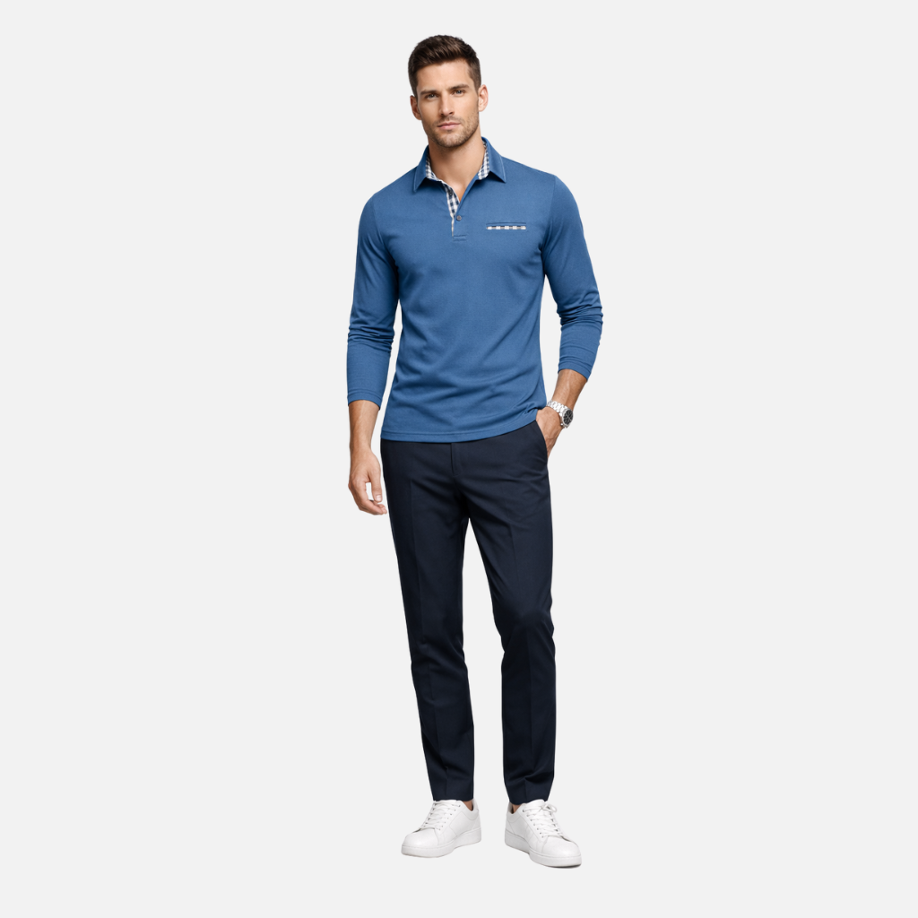 Men's Checkered Collar Long Sleeve Polo Shirt