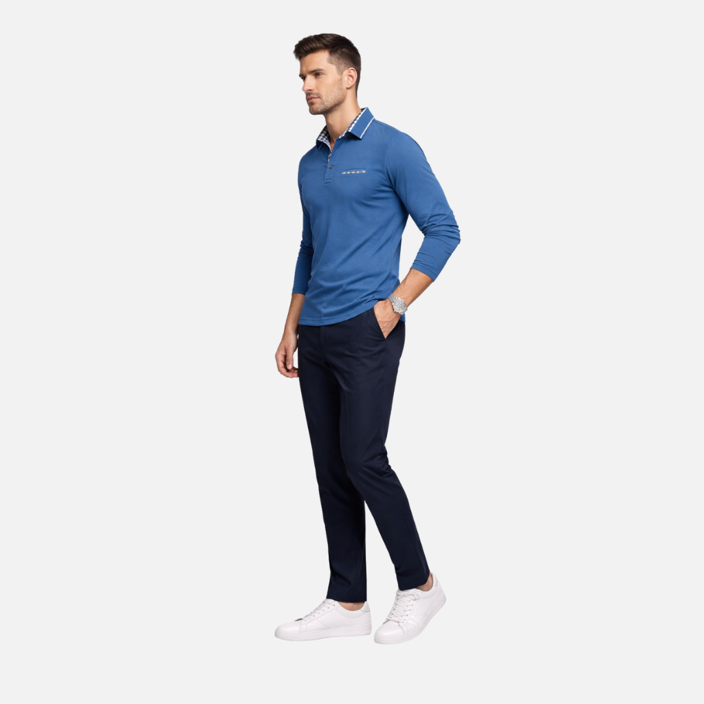 Men's Checkered Collar Long Sleeve Polo Shirt