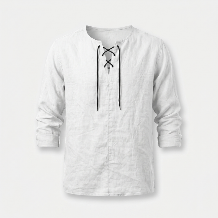 Men's Lace-Up Neckline Summer Linen Shirt