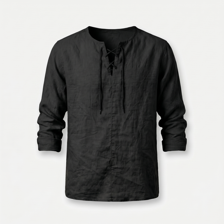 Men's Lace-Up Neckline Summer Linen Shirt