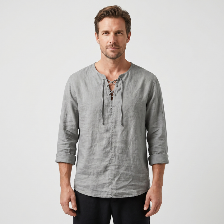 Men's Lace-Up Neckline Summer Linen Shirt