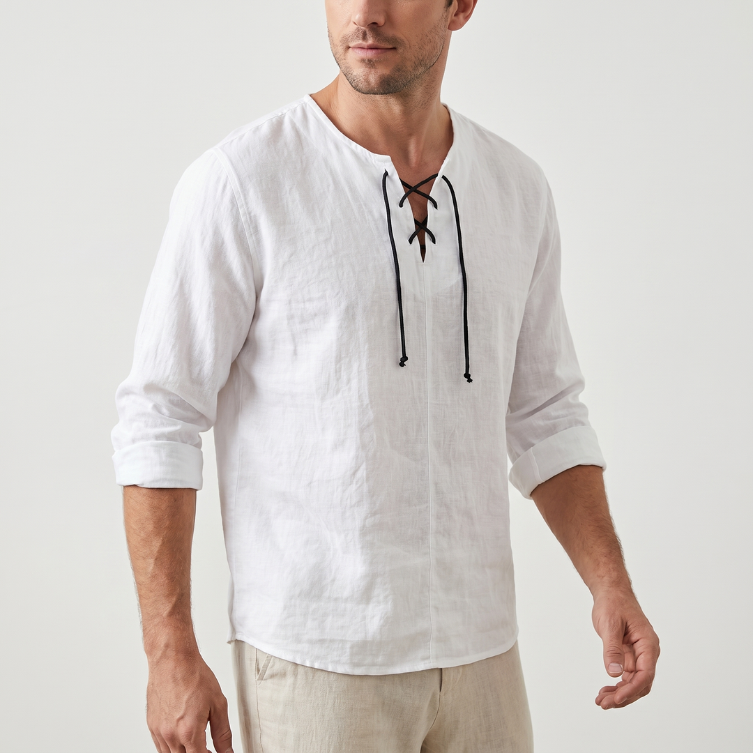 Men's Lace-Up Neckline Summer Linen Shirt