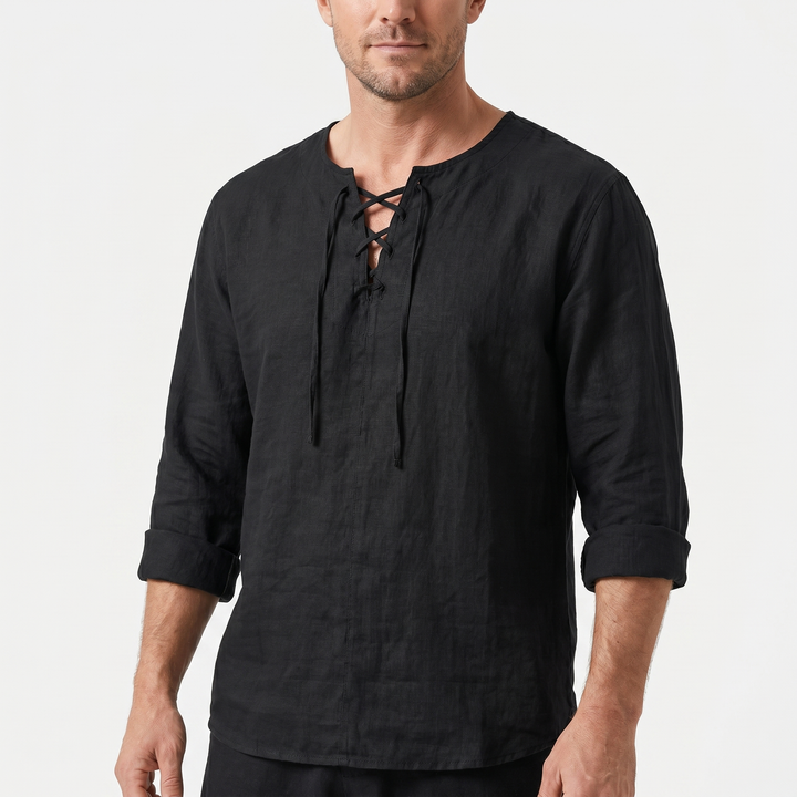Men's Lace-Up Neckline Summer Linen Shirt