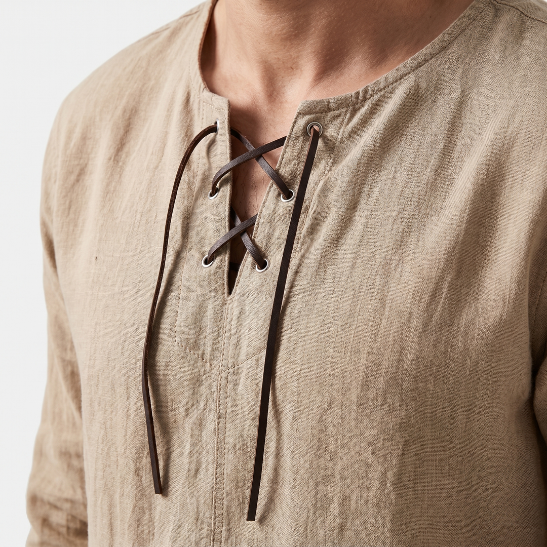 Men's Lace-Up Neckline Summer Linen Shirt