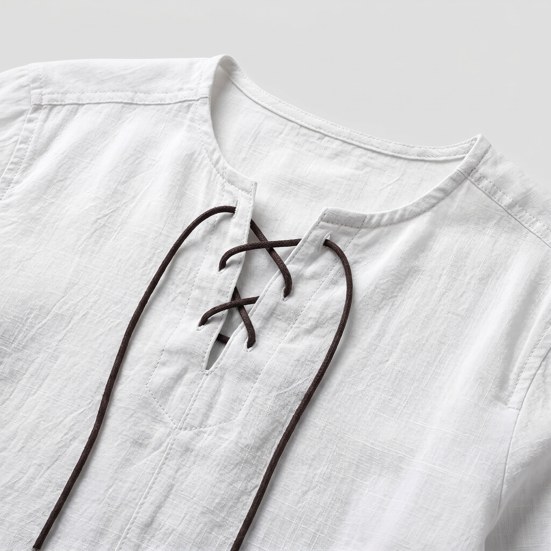 Men's Lace-Up Neckline Summer Linen Shirt