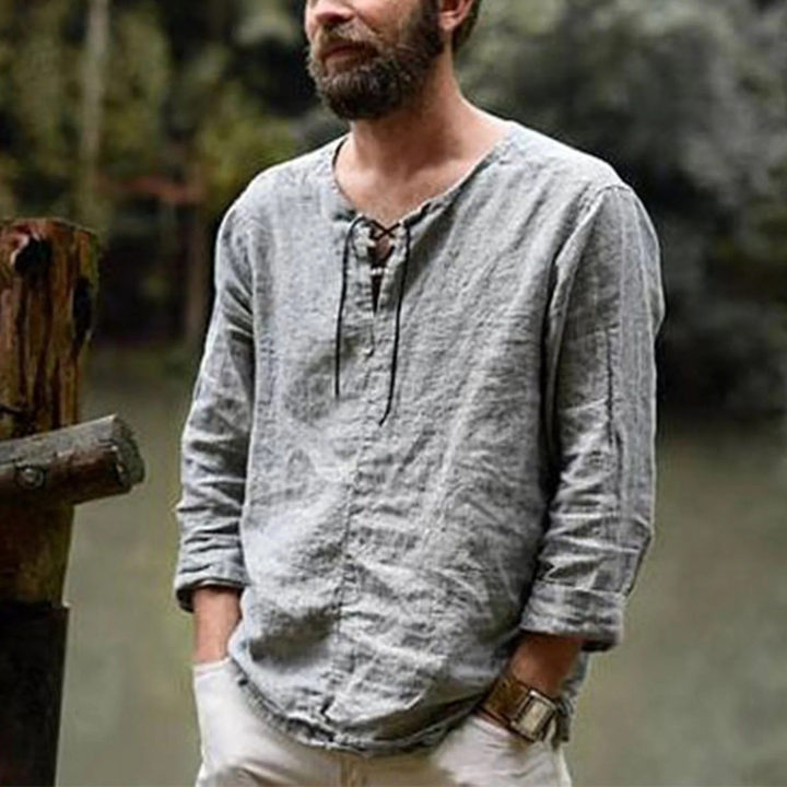Men's Lace-Up Neckline Summer Linen Shirt