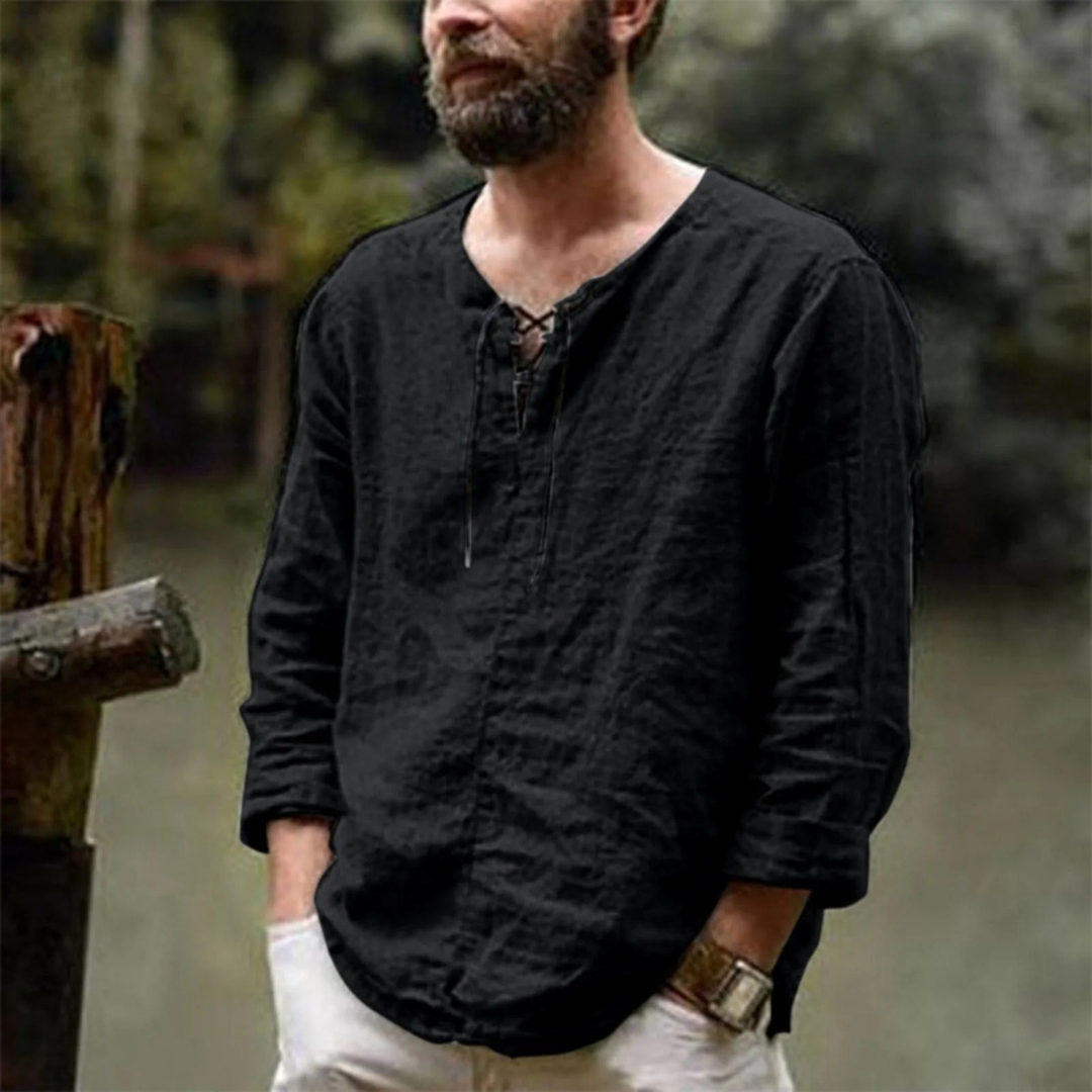 Men's Lace-Up Neckline Summer Linen Shirt