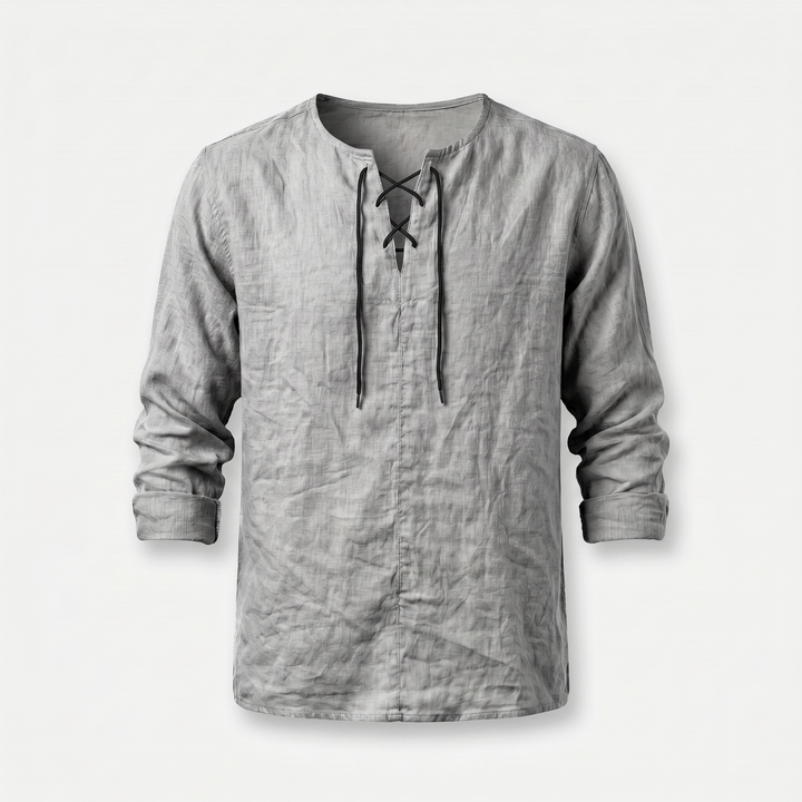 Men's Lace-Up Neckline Summer Linen Shirt