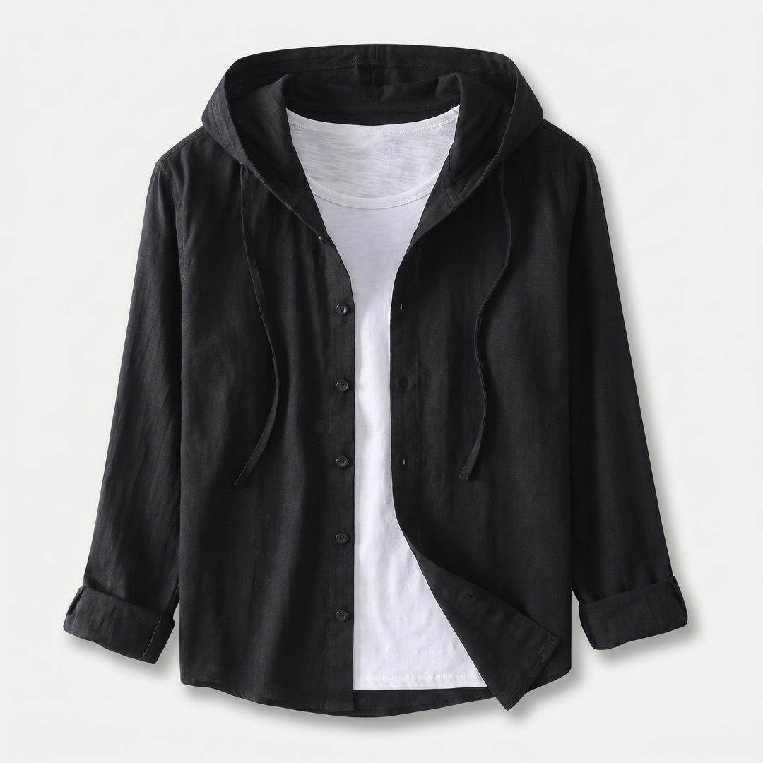 Men's Linen Hooded Button-Up Shirt with Drawstring