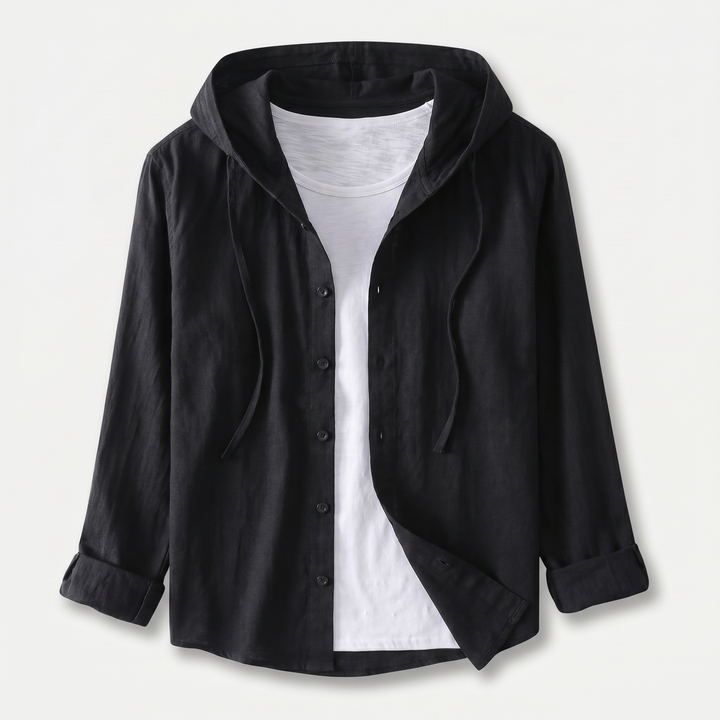 Men's Linen Hooded Button-Up Shirt with Drawstring