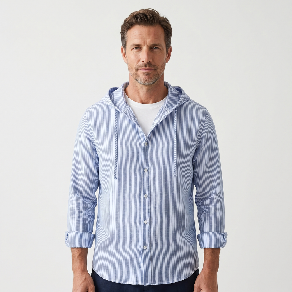 Men's Linen Hooded Button-Up Shirt with Drawstring