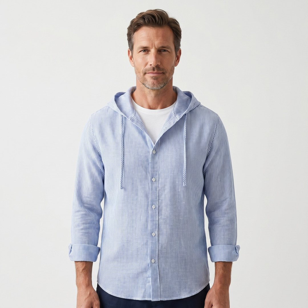 Men's Linen Hooded Button-Up Shirt with Drawstring