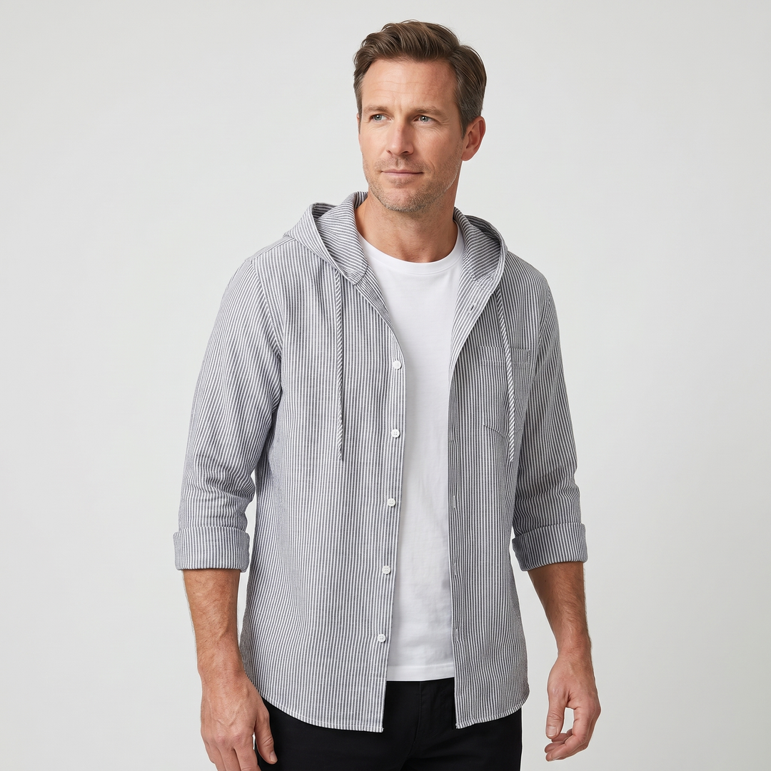 Men's Linen Hooded Button-Up Shirt with Drawstring