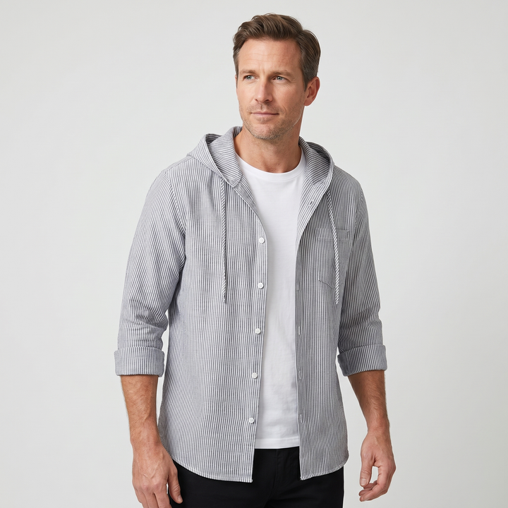 Men's Linen Hooded Button-Up Shirt with Drawstring