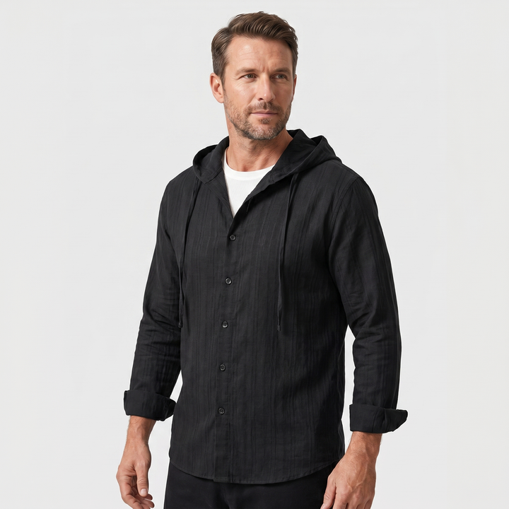Men's Linen Hooded Button-Up Shirt with Drawstring