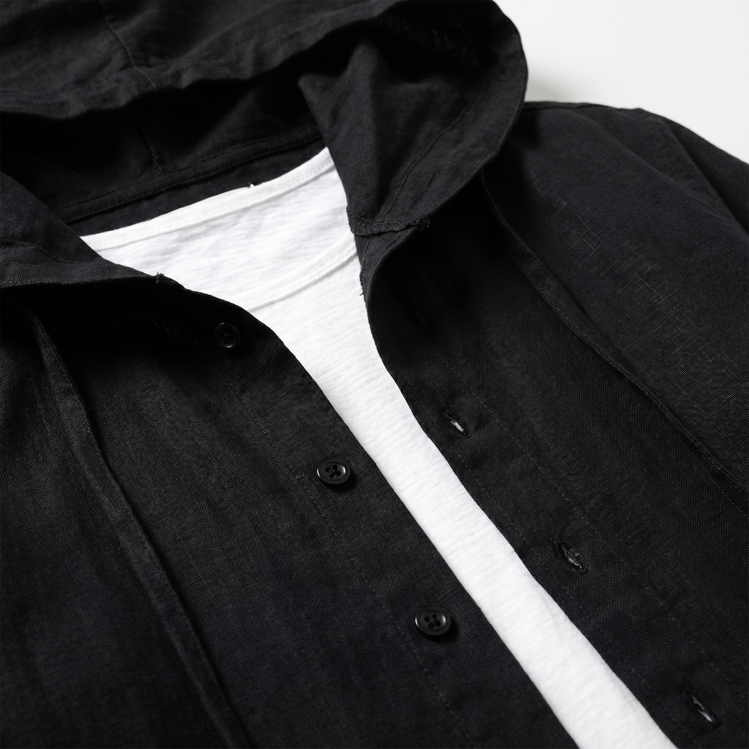 Men's Linen Hooded Button-Up Shirt with Drawstring
