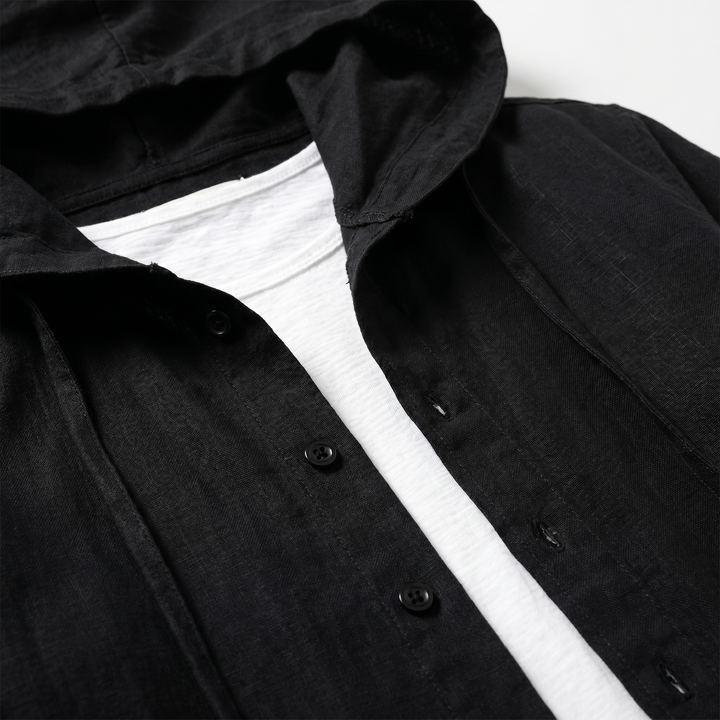 Men's Linen Hooded Button-Up Shirt with Drawstring