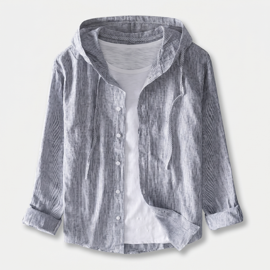 Men's Linen Hooded Button-Up Shirt with Drawstring