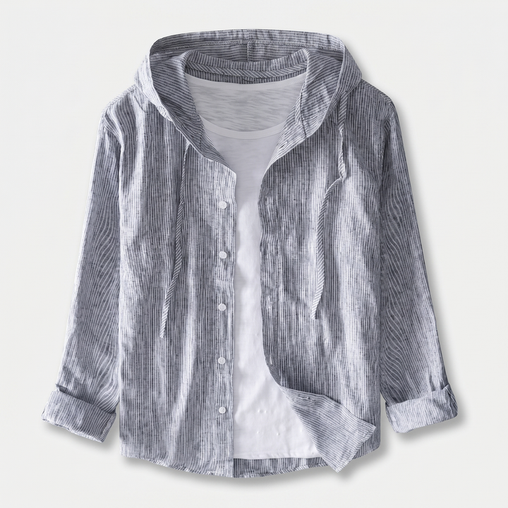 Men's Linen Hooded Button-Up Shirt with Drawstring